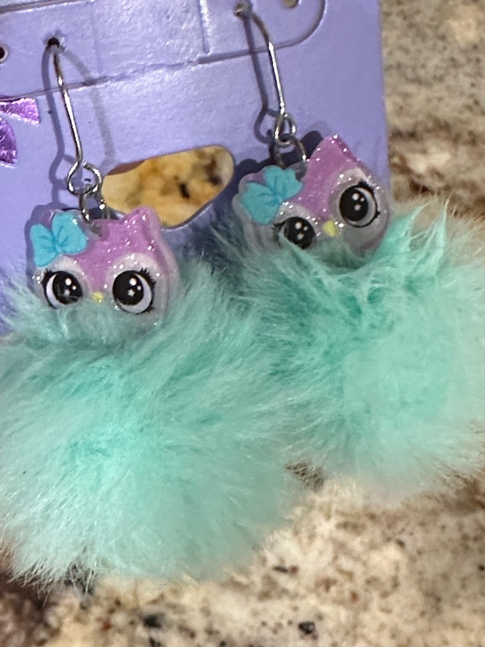 Plush Pom-Pom Owl Dangle Earrings MintNWT